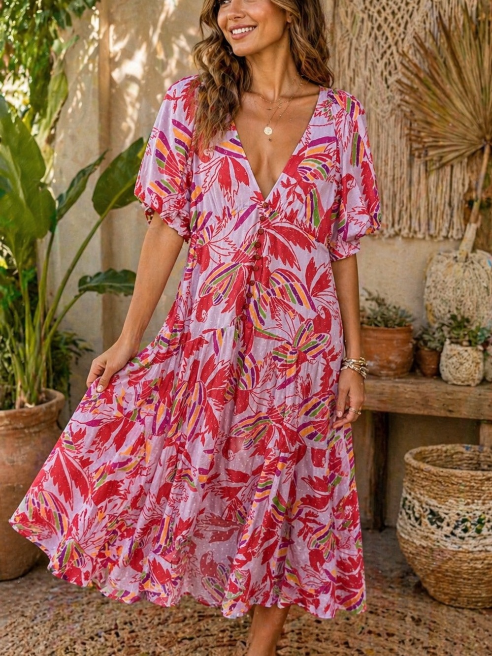 FARM Rio Lilac Birds Midi Dress